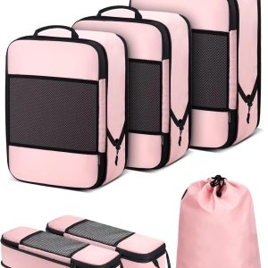 6 PCS Set Compression Packing Cubes for Travel, Lightweight Travel Packing Organizer Bags Travel Essentials for Carry On, Suitcase, Travel Bags, Home Closet - Pink